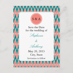 Monogram Coral Pink and Teal Zigzag Save the Date Announcement Postcard