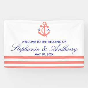 Monogram Coral Pink Nautical and Navy Blue Wedding Banner
