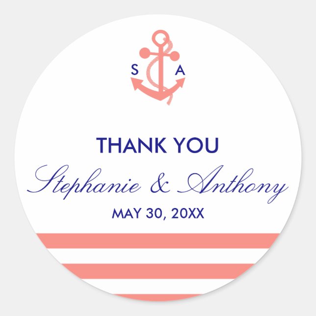 Monogram Coral Pink Nautical and Navy Blue Wedding Classic Round Sticker (Front)