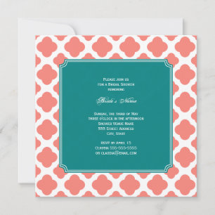 Monogram Coral Pink Quatrefoil Pattern with Teal Invitation