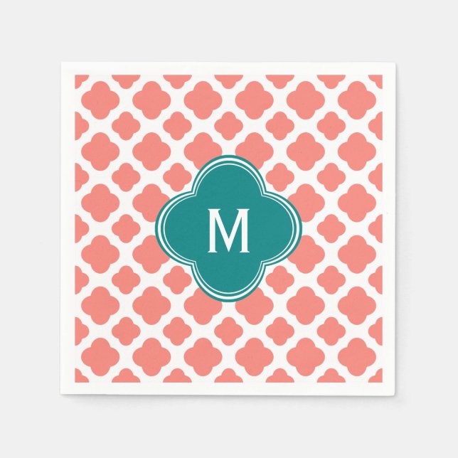Monogram Coral Pink Quatrefoil Pattern with Teal Napkin (Front)