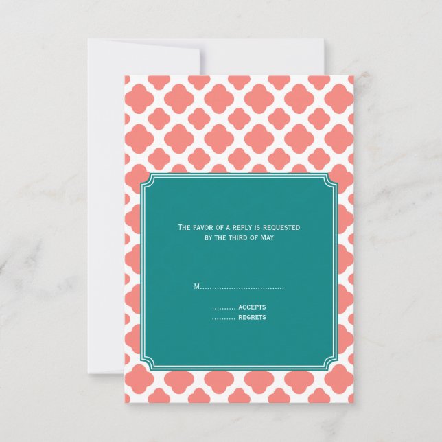 Monogram Coral Pink Quatrefoil Pattern with Teal RSVP Card (Front)