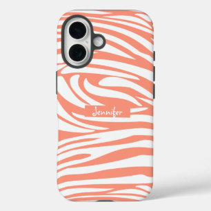 Monogram Coral Pink Striped Zebra Pattern Trendy C iPhone 16 Case