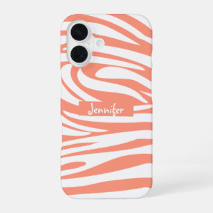 Monogram Coral Pink Striped Zebra Pattern Trendy iPhone 16 Case