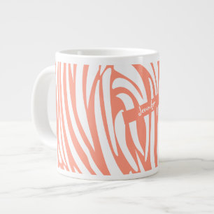 Monogram Coral pink Striped Zebra Pattern Trendy Large Coffee Mug