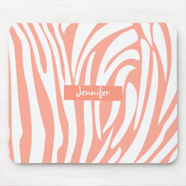 Monogram Coral Pink Striped Zebra Pattern Trendy Mouse Pad (Front)
