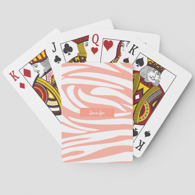 Monogram Coral pink Striped Zebra Pattern Trendy Playing Cards (Back)