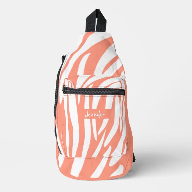 Monogram Coral Pink Striped Zebra Pattern Trendy Sling Bag (Front)