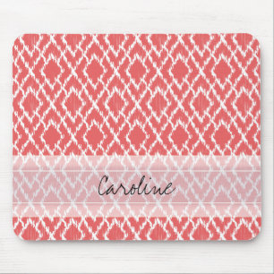 Monogram Coral Pink Tribal Ikat Diamond Pattern Mouse Pad