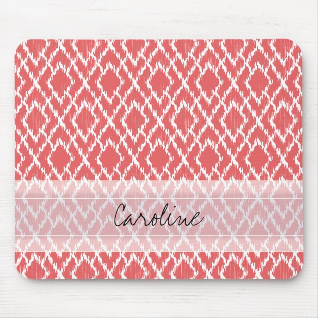 Monogram Coral Pink Tribal Ikat Diamond Pattern Mouse Pad (Front)
