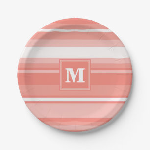 Monogram coral stripes paper plate