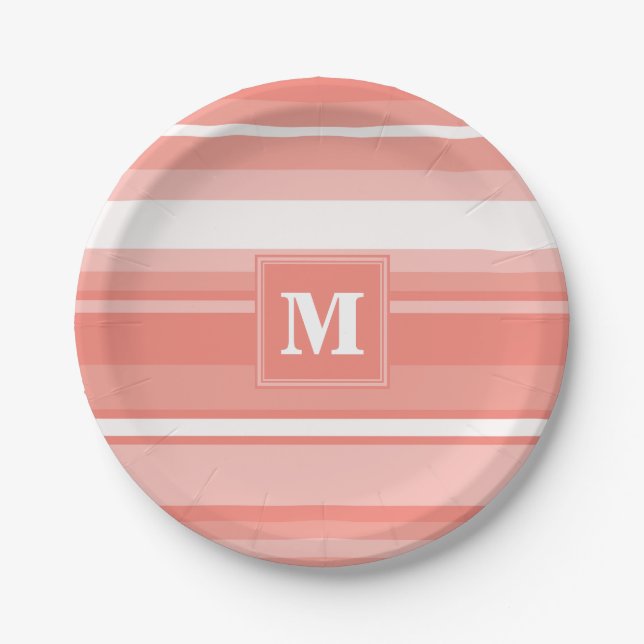 Monogram coral stripes paper plate (Front)