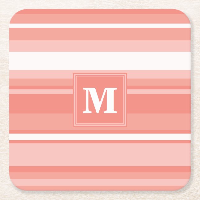 Monogram coral stripes square paper coaster (Front)