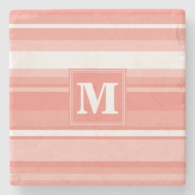 Monogram coral stripes stone coaster (Front)