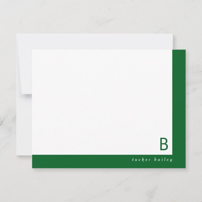 Monogram Corner Dark Green Band Stationery Card (Front)