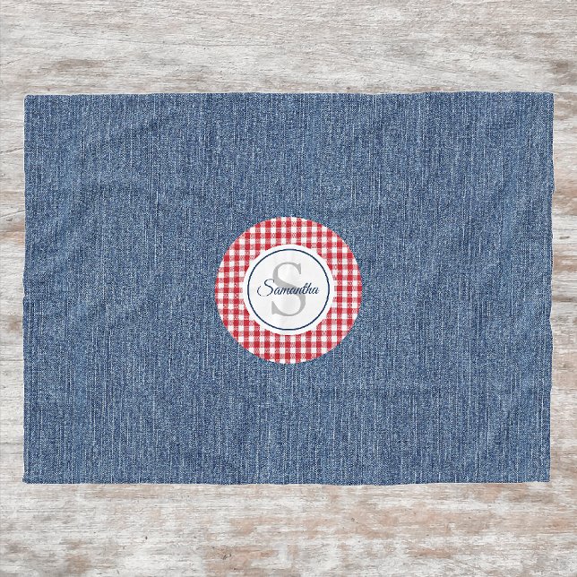 Monogram, Cosy Blue Denim & Red Check Print Fleece Blanket (Creator Uploaded)