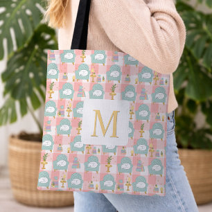 Monogram Cosy Cat & Book Tote Bag Girly Pink
