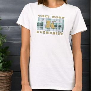 Monogram cosy mood green white plaid tartan gold  T-Shirt