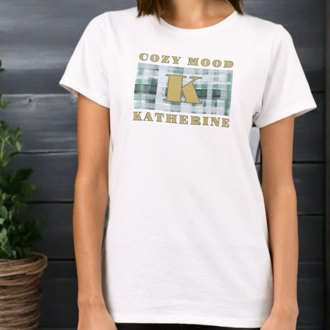 Monogram cosy mood green white plaid tartan gold  T-Shirt (Creator Uploaded)
