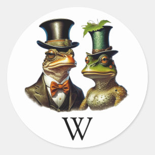 Monogram Cottagecore Funny Victorian Frog Couple Classic Round Sticker