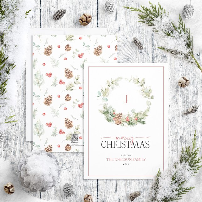 Monogram Cotton Greenery Wreath Merry Christmas Ho Holiday Card (Creator Uploaded)