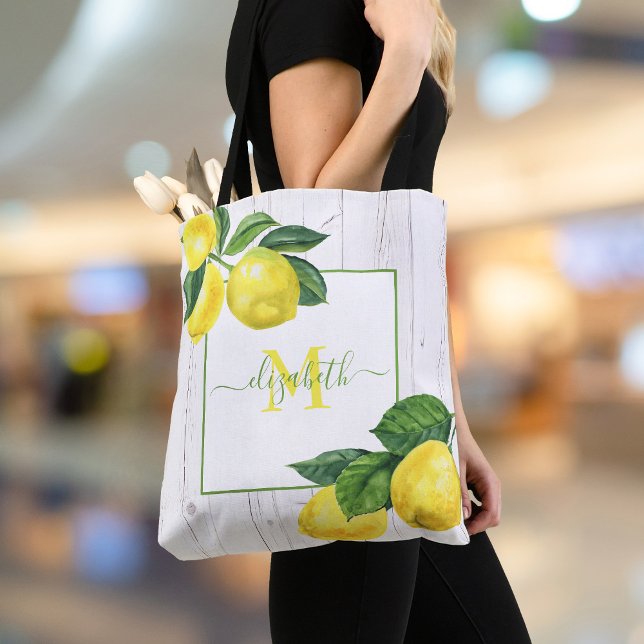 Monogram country lemons watercolor rustic wood tote bag (Creator Uploaded)