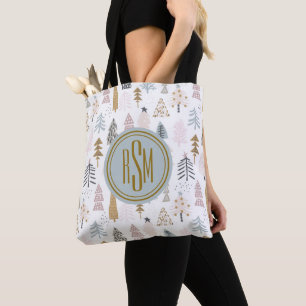 Monogram, Country Winter Trees Shoulder Tote Bag