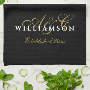 Monogram Couple Est. Year Black Gold White Minimal Tea Towel