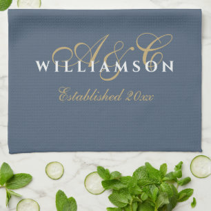 Monogram Couple Est. Year Blue Gold White Minimal  Tea Towel