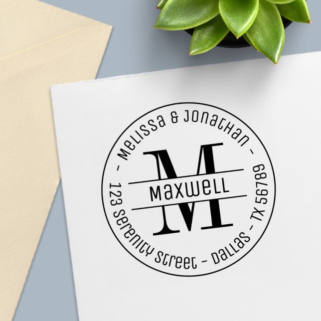Monogram Couple Family Round Address 2 Self-inking Stamp (Creator Uploaded)