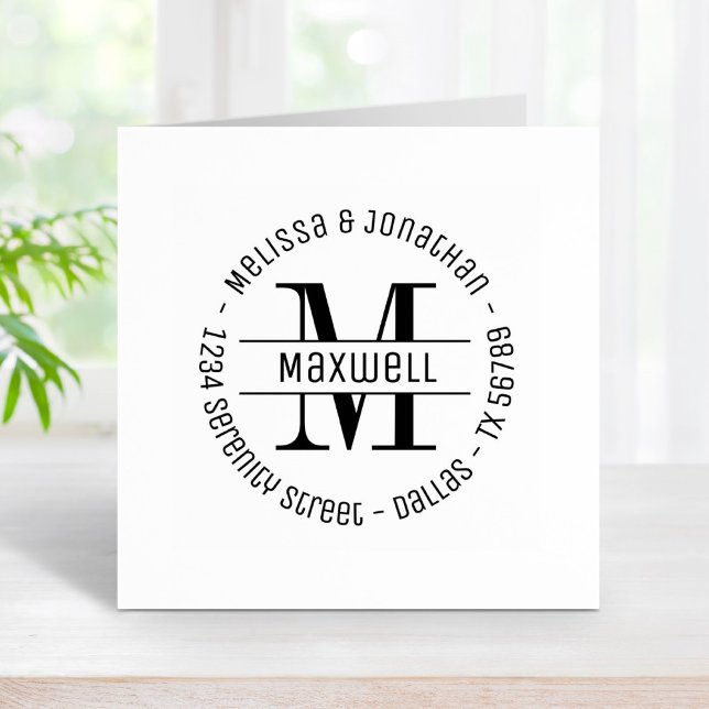 Monogram Couple Family Round Address Rubber Stamp (Creator Uploaded)