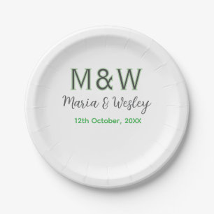 Monogram couple gray green modern romantic date si paper plate