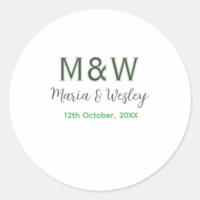 Monogram couple grey green modern romantic date si classic round sticker (Front)