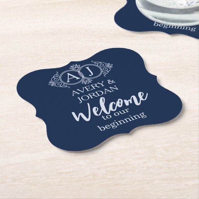 Monogram couple initials Welcome luxurious wedding Paper Coaster (Angled)