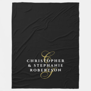 Monogram Couple Minimalist Black Gold White Chic Fleece Blanket