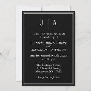 Monogram Couple Name Modern Simple Black And White Invitation