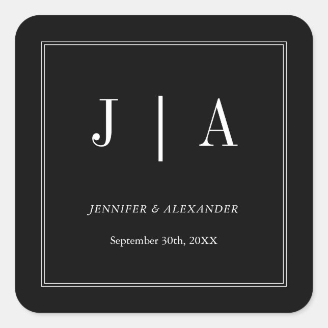 Monogram Couple Name Modern Simple Black And White Square Sticker (Front)