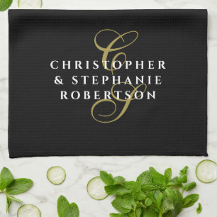 Monogram Couple Names  Black Gold White Minimalist Tea Towel