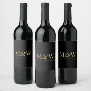 Monogram Couple's Modern Black & Gold Wedding Wine Label