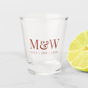 Monogram Couple's Modern Burnt Umber Rust Wedding Shot Glass