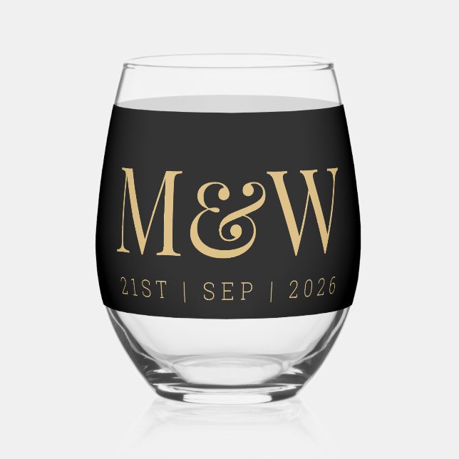 Monogram Couple's Modern Gold Black Wedding Stemless Wine Glass (Front)