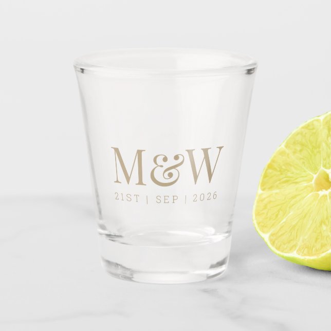 Monogram Couple's Modern Wedding Shot Glass (Front)