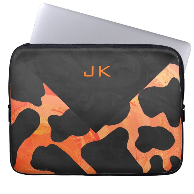 Monogram Cow Black and Orange Print Laptop Sleeve (Front)