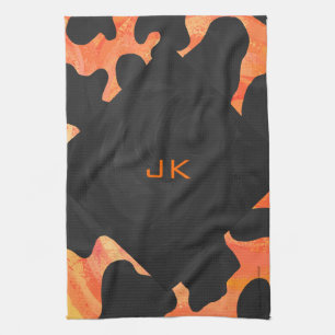 Monogram Cow Black and Orange Print Tea Towel