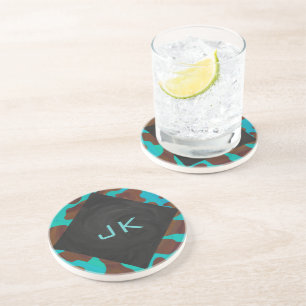 Monogram Cow Brown and Teal Print Coaster