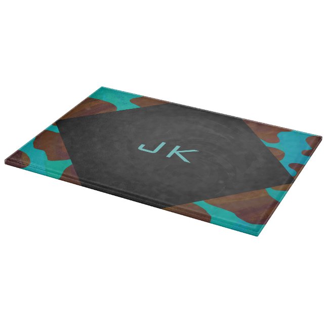 Monogram Cow Brown and Teal Print Cutting Board (Corner)