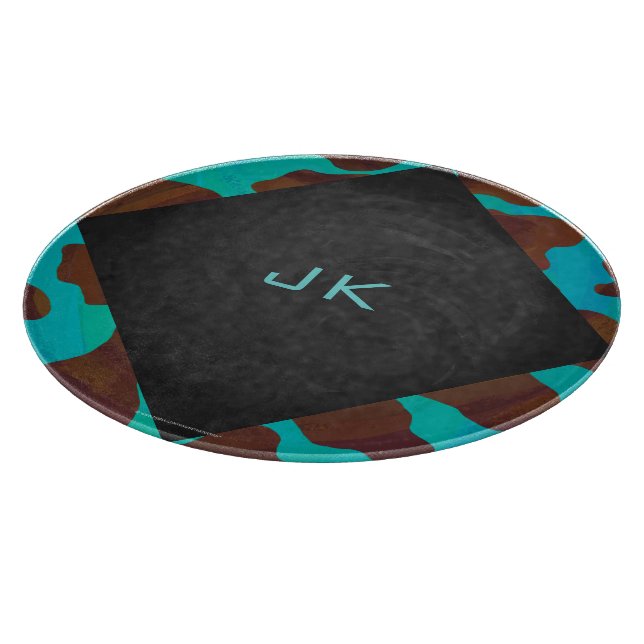 Monogram Cow Brown and Teal Print Cutting Board (Corner)