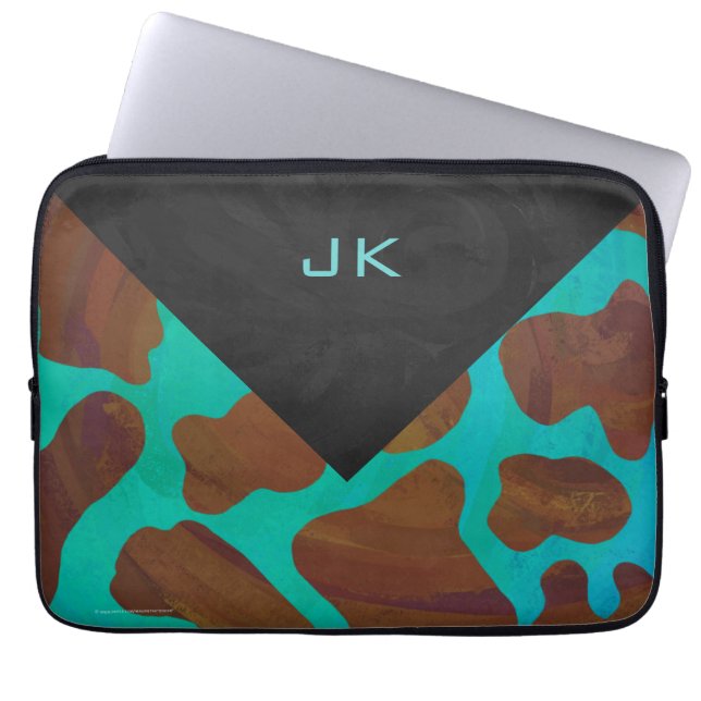 Monogram Cow Brown and Teal Print Laptop Sleeve (Front)