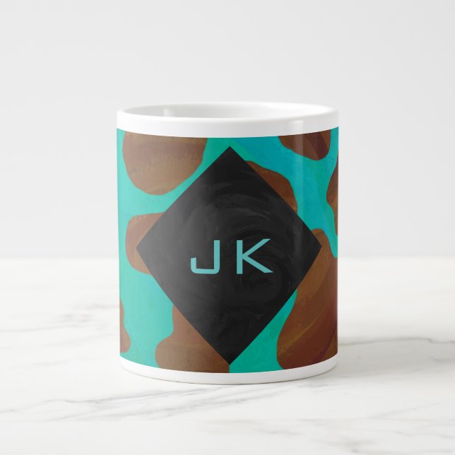 Monogram Cow Brown and Teal Print Large Coffee Mug (Front)