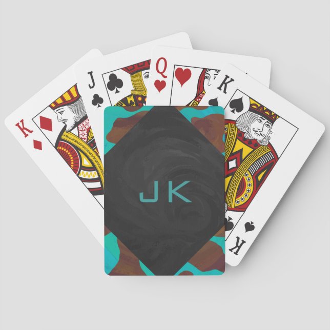 Monogram Cow Brown and Teal Print Playing Cards (Back)